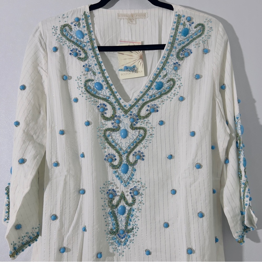 Boston Proper Embellished Tunic White with Turquoise Baubles ~ M NWT - Picture 2 of 12